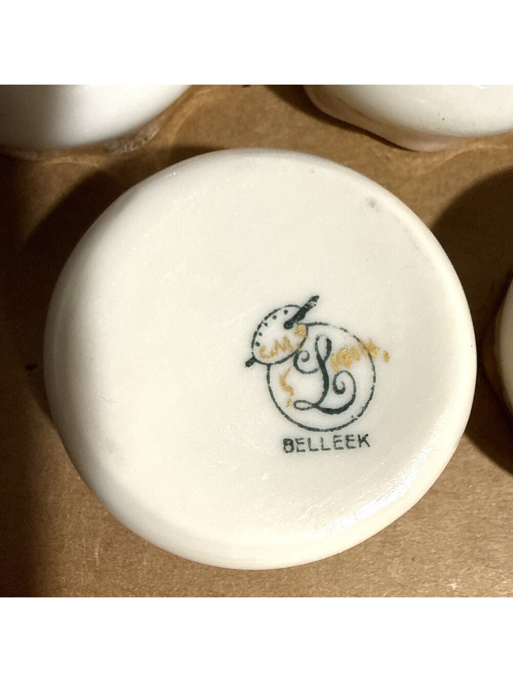 Vintage Belleek Open Salt Dish 5pc Set White Porcelain with Gold Rim - Picture 9 of 9
